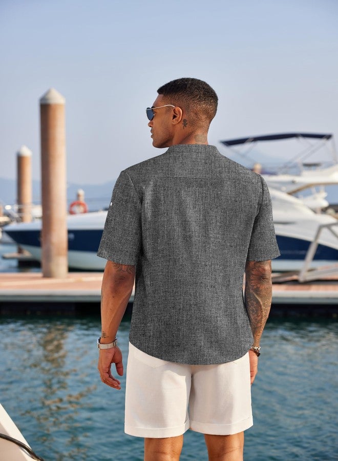 COOFANDY Men's Casual Henley Shirt Short Sleeve Band Collar Linen Shirt Summer Beach Hippie T-Shirts Dark Gray - Image 3